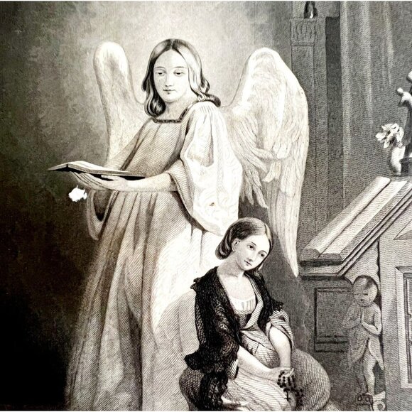 Engraving Good Angel Girl Praying Rosary 1859 Victorian Religious Art DWY5G - Picture 1 of 2